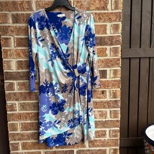 Calvin Klein Floral Blue and Brown faux wrap Dress
